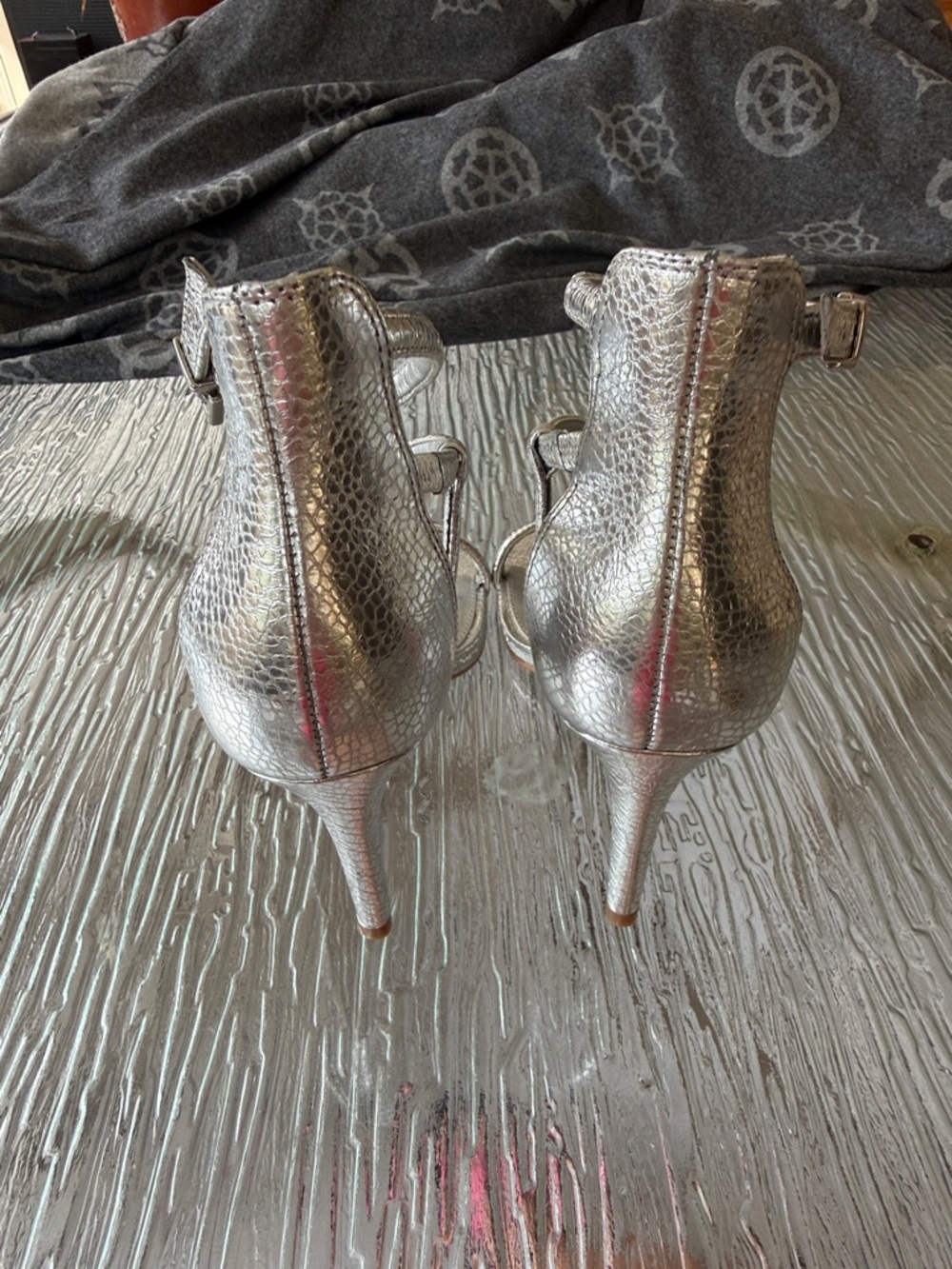 Vince Camuto Metallic Silver Strappy Ankle-Heel Sandals - Picture 3 of 5